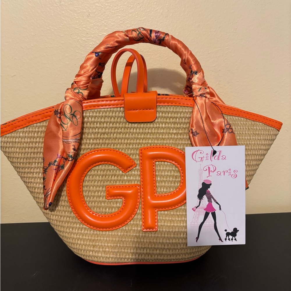 Gilda Paris Orange Trim Straw Tote Bag